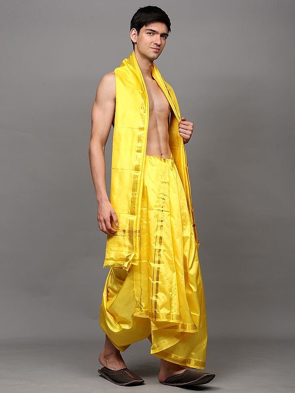 Exotic India Pure Silk Dhoti With Angavastram Set With Golden Thread Weave On Border 