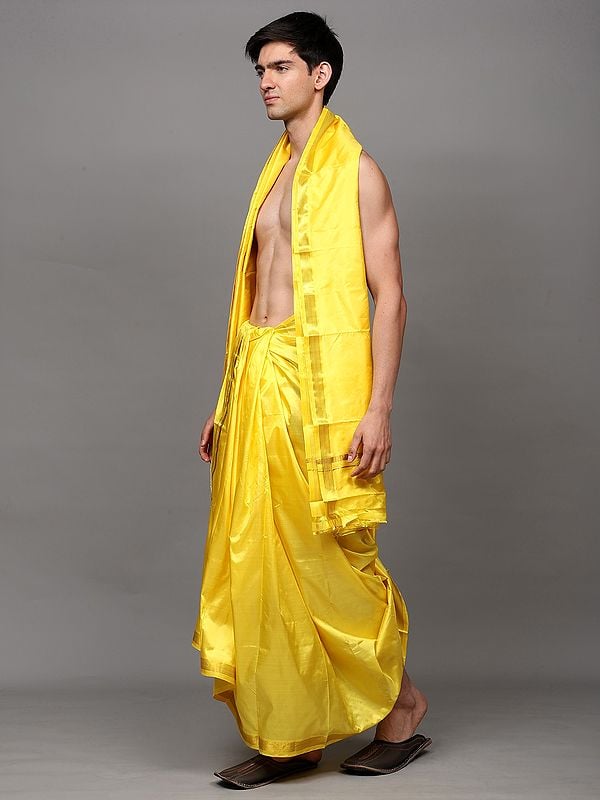 Exotic India Pure Silk Dhoti With Angavastram Set With Golden Thread Weave On Border 