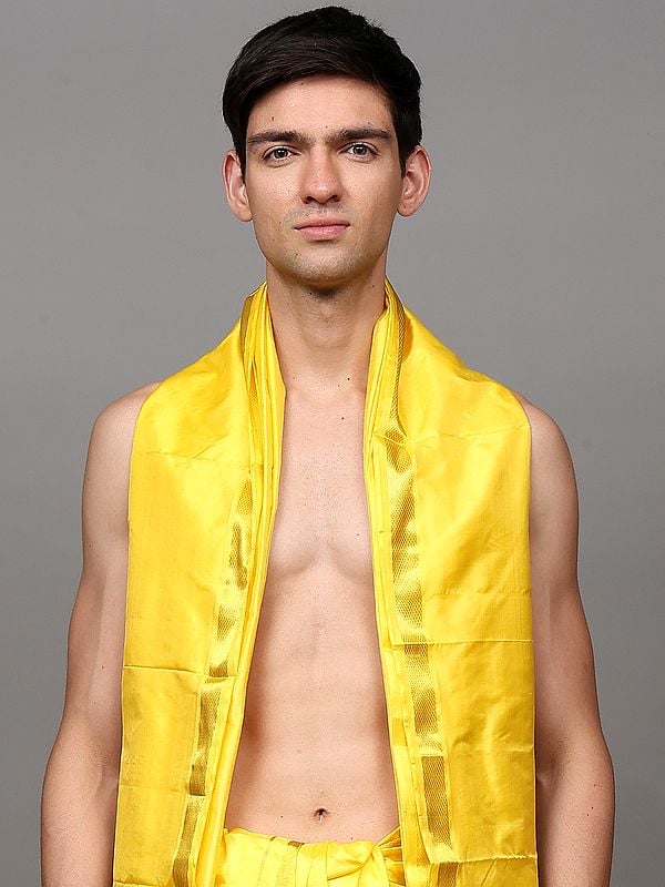 Exotic India Pure Silk Dhoti With Angavastram Set With Golden Thread Weave On Border 