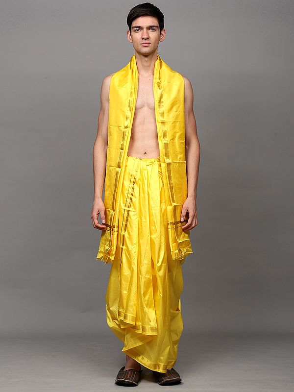 exotic india Pure Silk Dhoti with Angavastram Set with Golden Thread Weave on Border 
