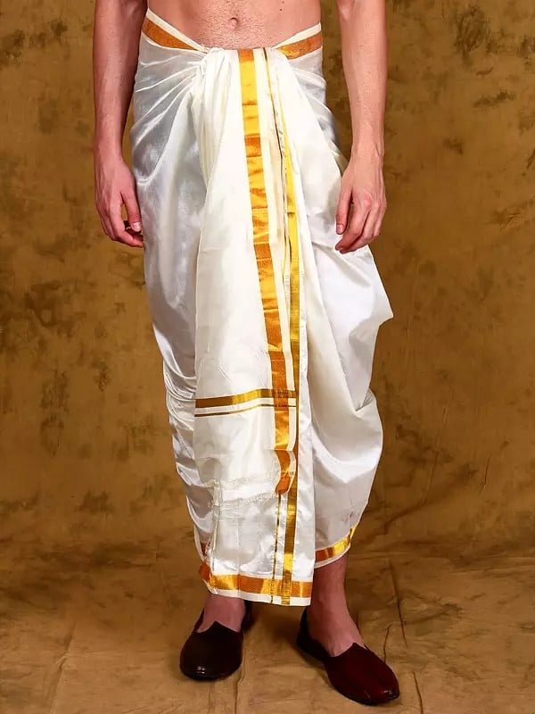Exotic India Pure Silk Zari Woven Golden Border Dhoti From Kumbakonam 