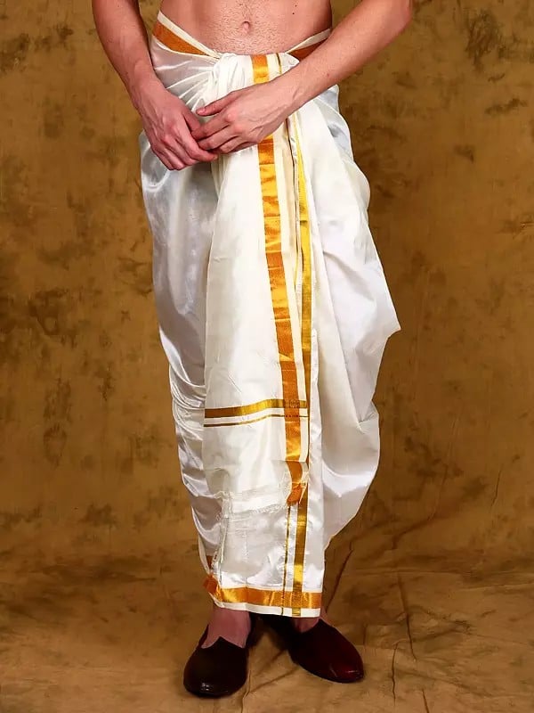 Exotic India Pure Silk Zari Woven Golden Border Dhoti From Kumbakonam 