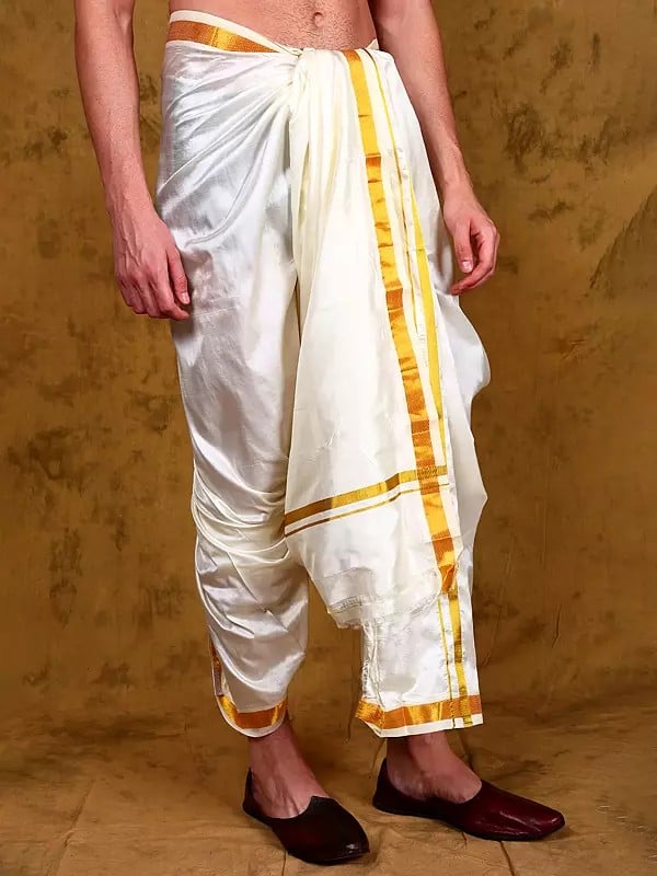 Exotic India Pure Silk Zari Woven Golden Border Dhoti From Kumbakonam 