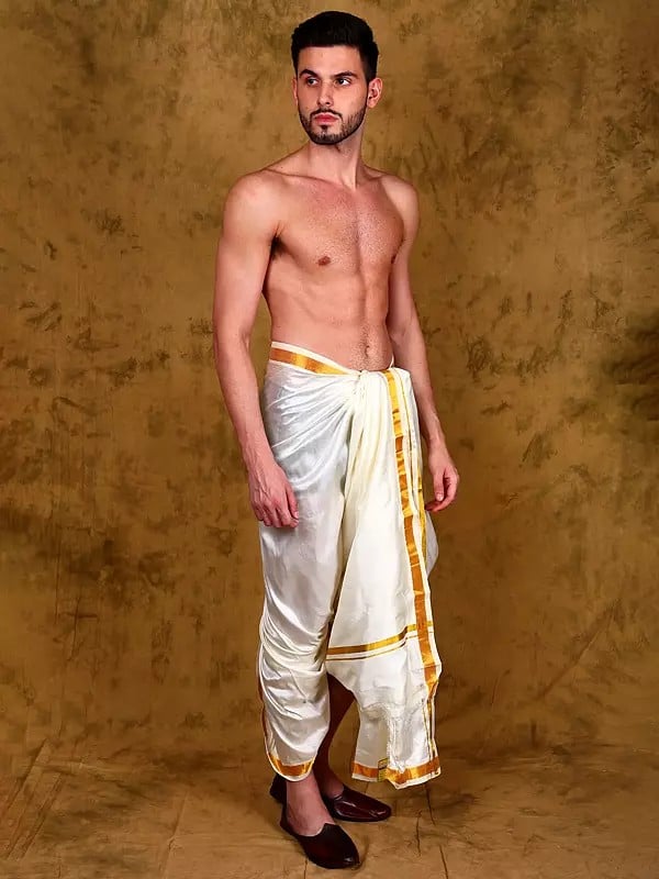 exotic india Pure Silk Zari Woven Golden Border Dhoti from Kumbakonam 