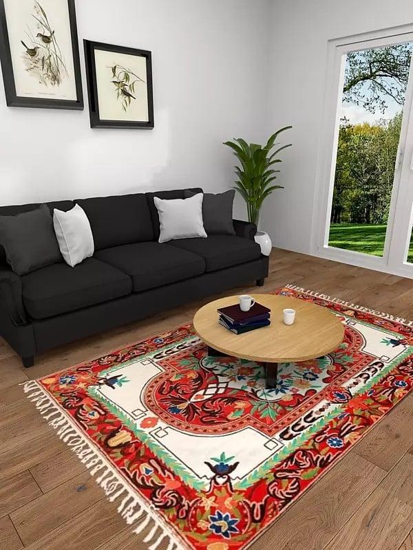 Exotic India Pure White & Red Chainstitch Embroidered Carpet With Tassels And Traditional Motifs From Kashmir
