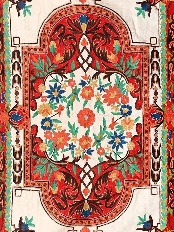 Exotic India Pure White & Red Chainstitch Embroidered Carpet With Tassels And Traditional Motifs From Kashmir