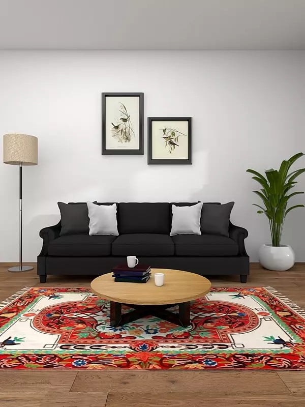 exotic india Pure White & Red Chainstitch Embroidered Carpet with Tassels and Traditional Motifs from Kashmir