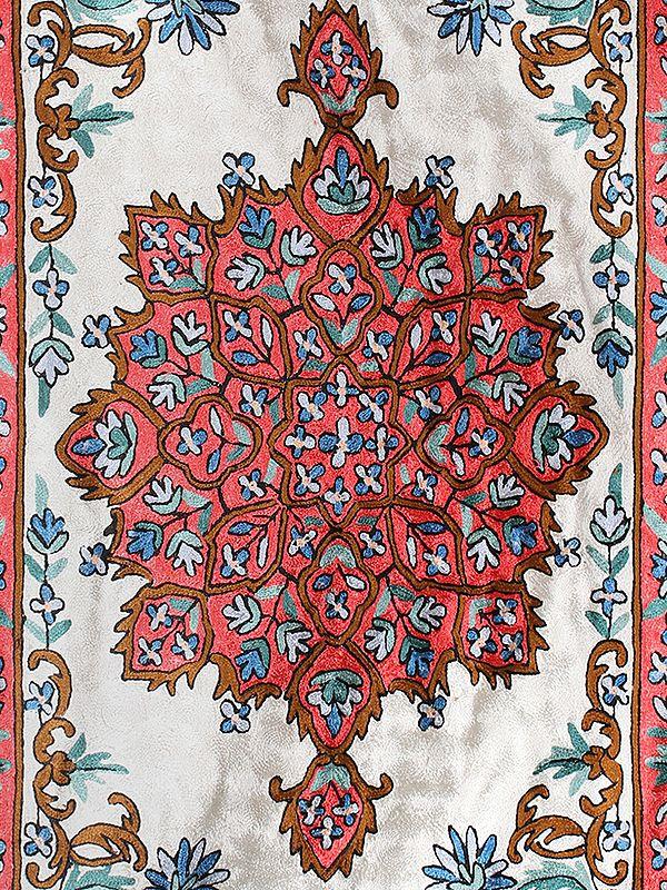 Exotic India Pure White Rug With Peachy Red Border Silk Thread Chain Stitched Embroidered Carpet With Tassels And Traditional Motifs From Kashmir 