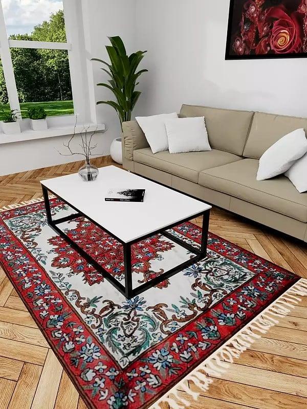 Exotic India Pure White Rug With True Red Border Silk Thread Chain Stitched Embroidered Carpet With Tassels And Traditional Motifs From Kashmir 