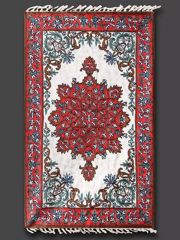 Exotic India Pure White Rug With True Red Border Silk Thread Chain Stitched Embroidered Carpet With Tassels And Traditional Motifs From Kashmir 