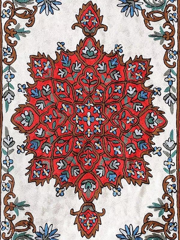 Exotic India Pure White Rug With True Red Border Silk Thread Chain Stitched Embroidered Carpet With Tassels And Traditional Motifs From Kashmir 