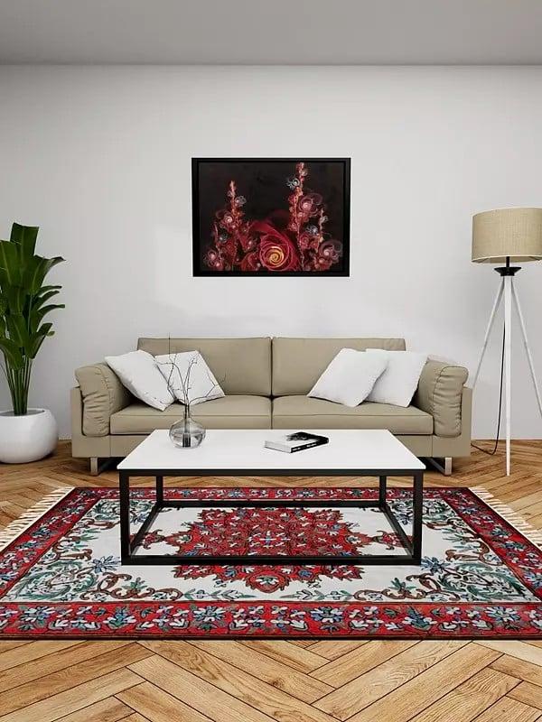 exotic india Pure White Rug with True Red Border Silk Thread Chain Stitched Embroidered Carpet with Tassels and Traditional Motifs from Kashmir 