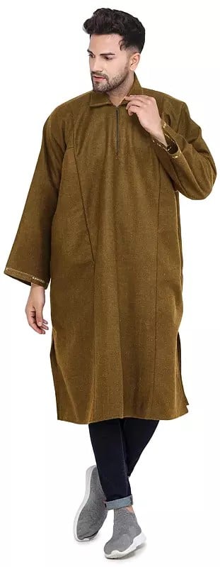 Exotic India Pure Wool Men's Phiran From Kashmir With Front Zipper 