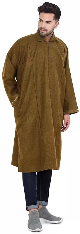 Exotic India Pure Wool Men's Phiran From Kashmir With Front Zipper 