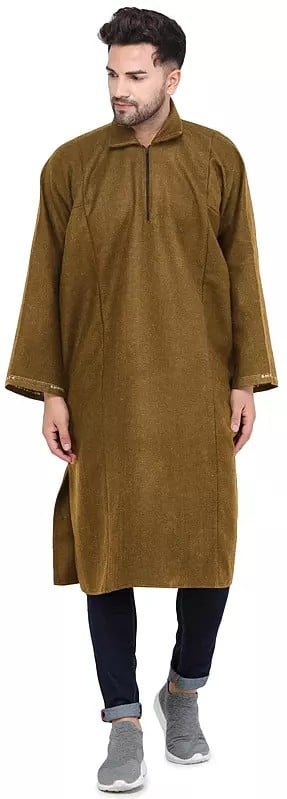 exotic india Pure Wool Men's Phiran from Kashmir with Front Zipper 