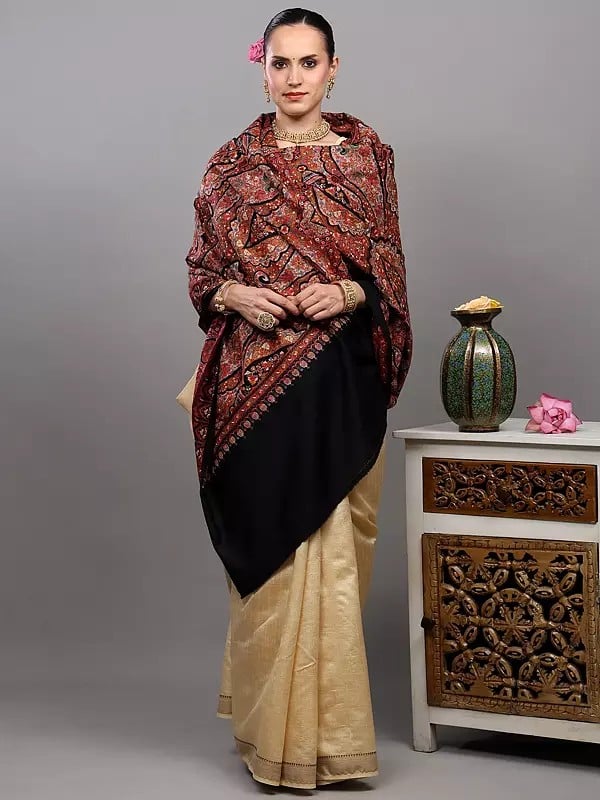 Exotic India Pure Wool Shawl From Amritsar With Multicolor Thread Dense Embroidered Flowers And Paisleys 