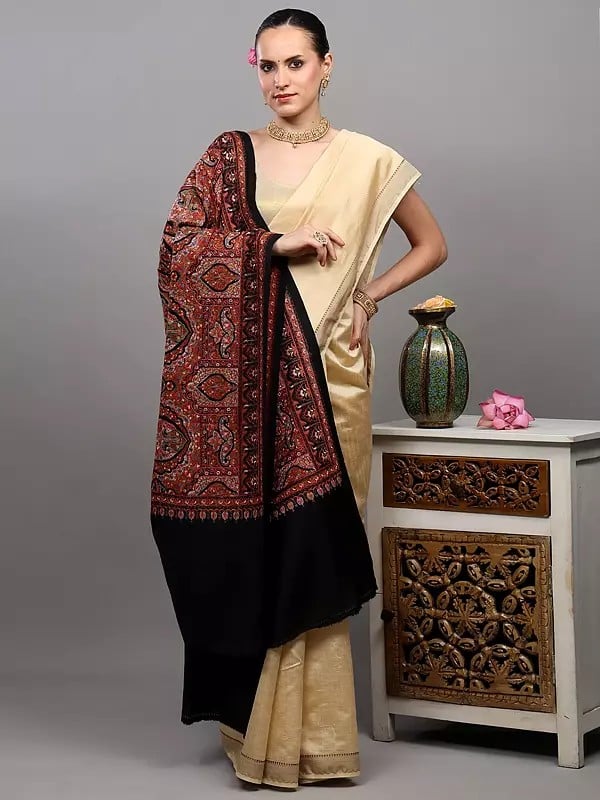 Exotic India Pure Wool Shawl From Amritsar With Multicolor Thread Dense Embroidered Flowers And Paisleys 