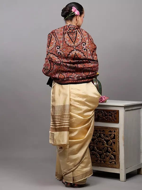 Exotic India Pure Wool Shawl From Amritsar With Multicolor Thread Dense Embroidered Flowers And Paisleys 