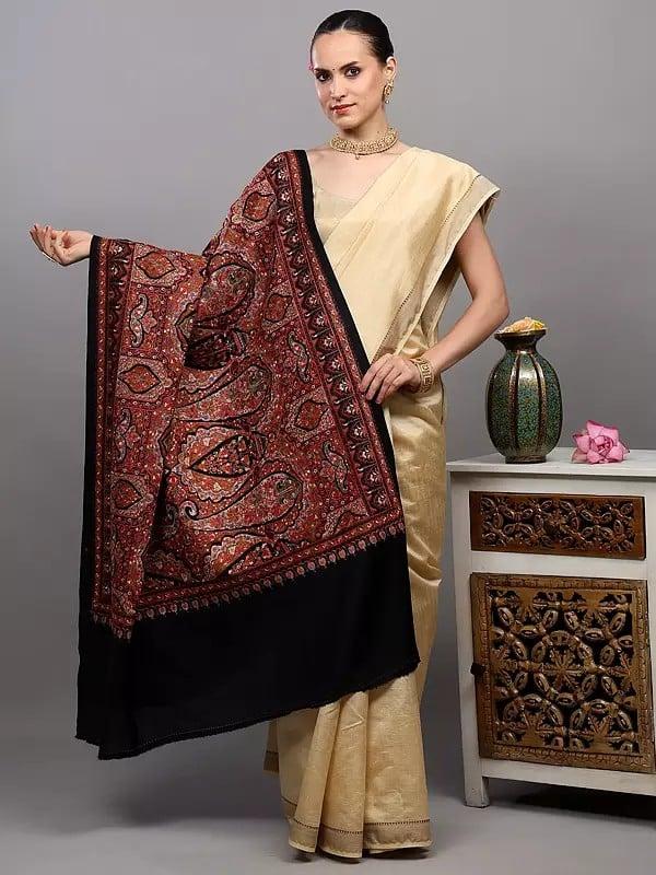 exotic india Pure Wool Shawl from Amritsar with Multicolor Thread Dense Embroidered Flowers and Paisleys 
