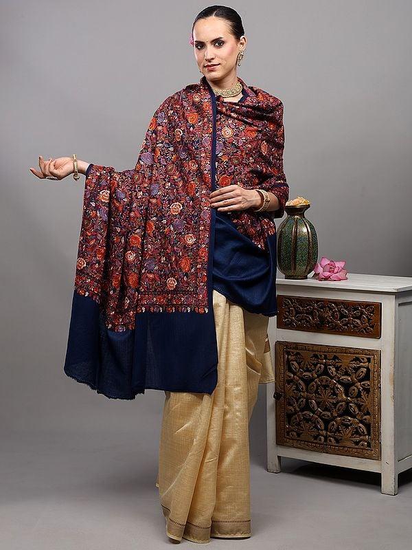 Exotic India Pure Wool Shawl From Punjab With Multicolor Intricate Embroidered Floral Vines 