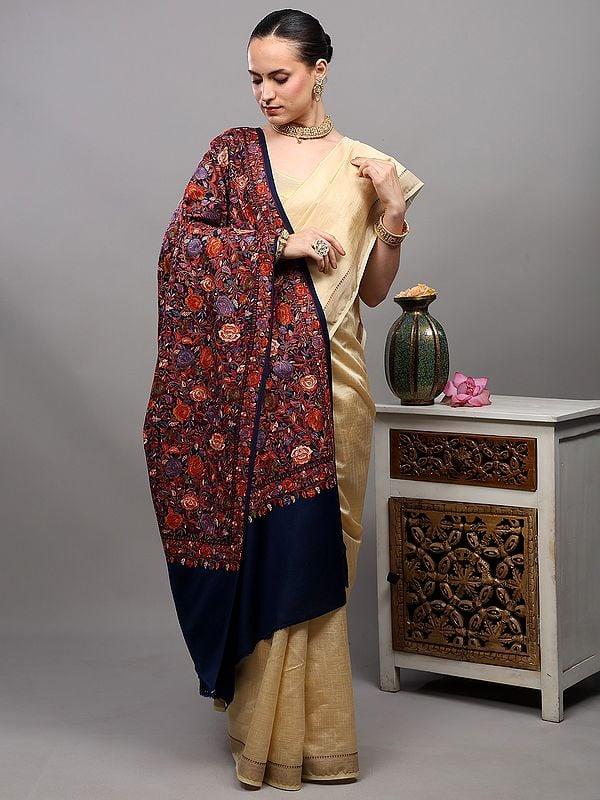 Exotic India Pure Wool Shawl From Punjab With Multicolor Intricate Embroidered Floral Vines 