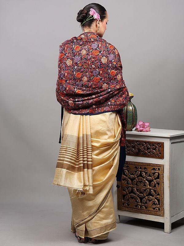Exotic India Pure Wool Shawl From Punjab With Multicolor Intricate Embroidered Floral Vines 