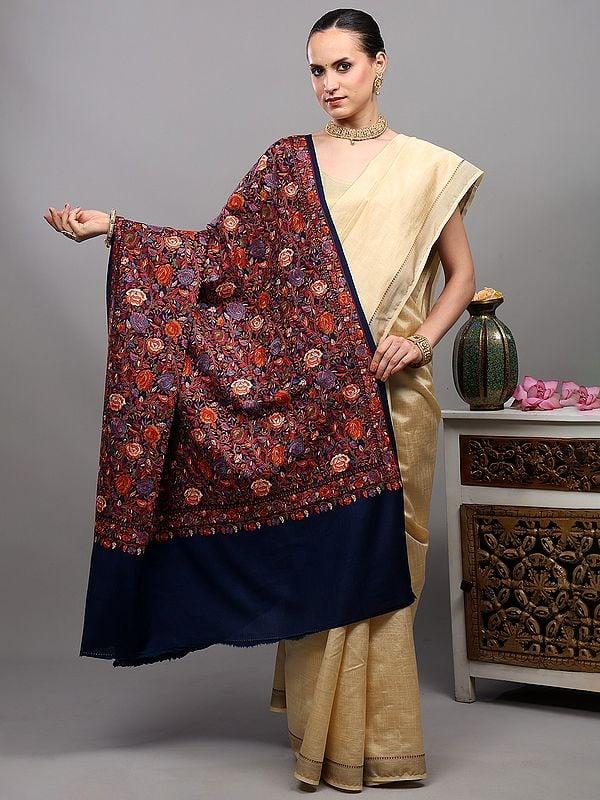 exotic india Pure Wool Shawl from Punjab with Multicolor Intricate Embroidered Floral Vines 