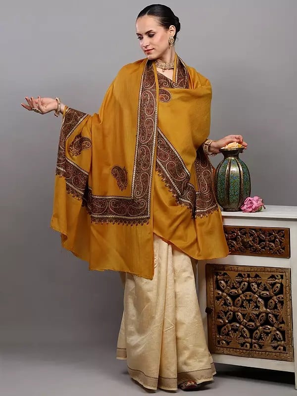 Exotic India Pure Wool Shawl With Thread Embroidered Border Paisley And Corners From Amritsar 