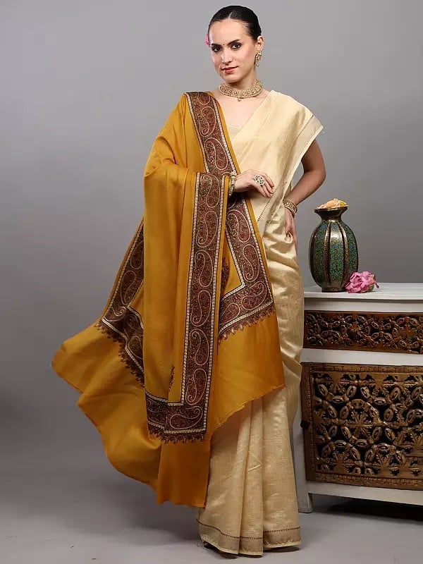 Exotic India Pure Wool Shawl With Thread Embroidered Border Paisley And Corners From Amritsar 