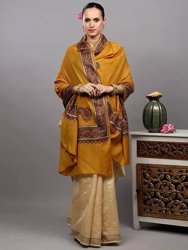 Exotic India Pure Wool Shawl With Thread Embroidered Border Paisley And Corners From Amritsar 
