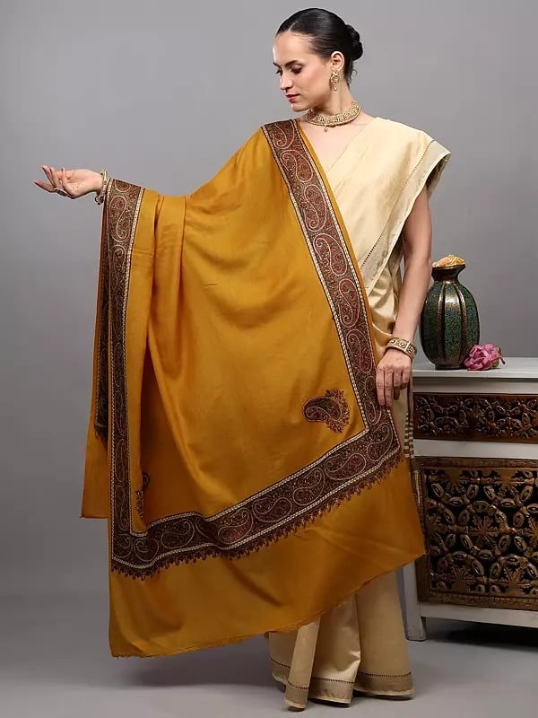 exotic india Pure Wool Shawl with Thread Embroidered Border Paisley and Corners from Amritsar 
