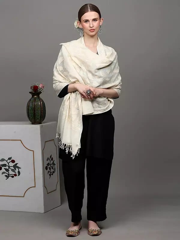 Exotic India Pure Wool Stole From Amritsar With Aari Embroidered Leaves And Sequins 