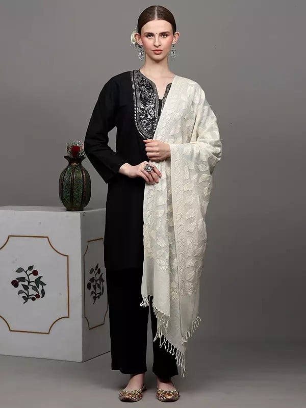 Exotic India Pure Wool Stole From Amritsar With Aari Embroidered Leaves And Sequins 