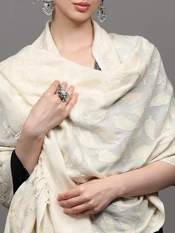 Exotic India Pure Wool Stole From Amritsar With Aari Embroidered Leaves And Sequins 