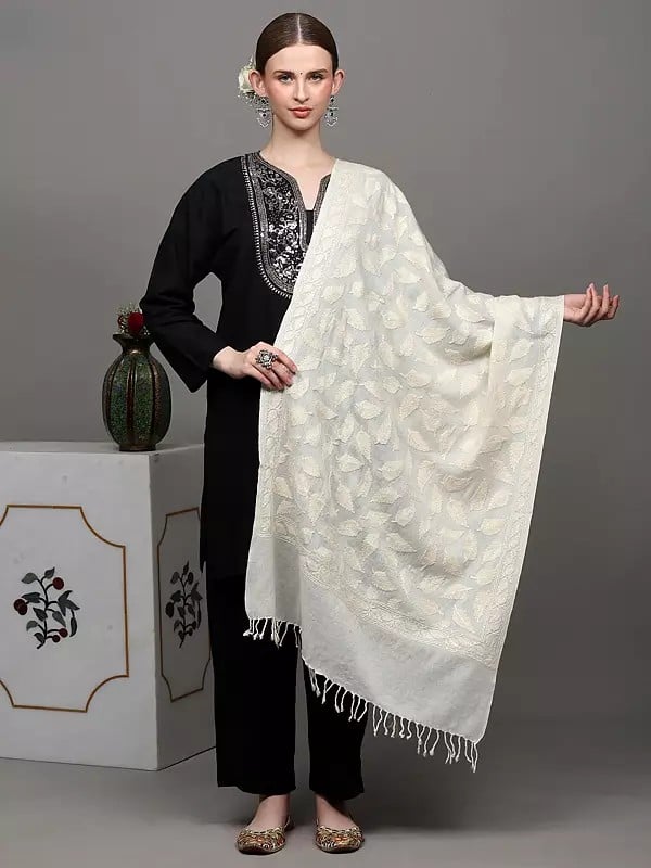 exotic india Pure Wool Stole from Amritsar with Aari Embroidered Leaves and Sequins 