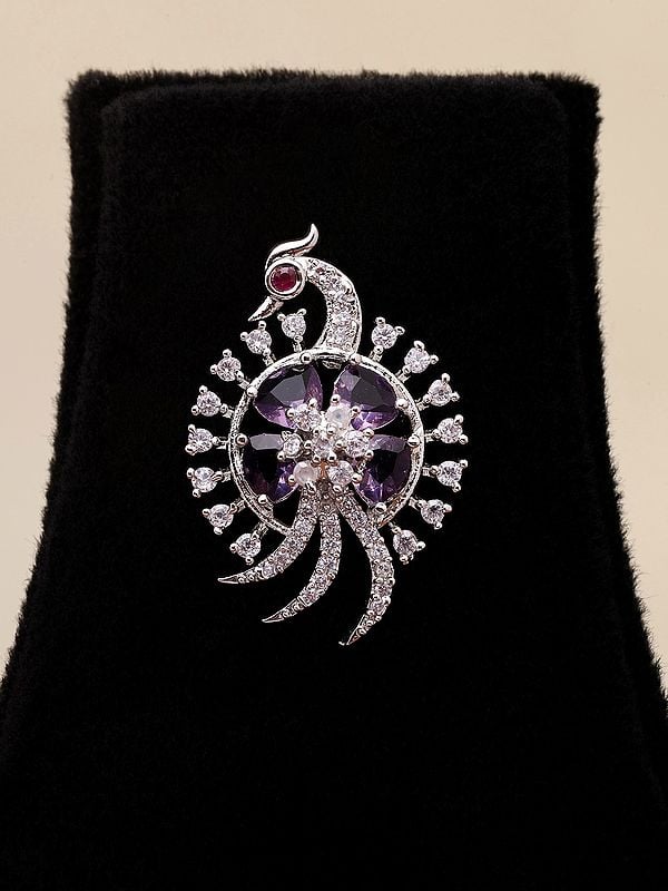 Exotic India Purple And White Stone Studded Peacock Pendant Set With Earrings