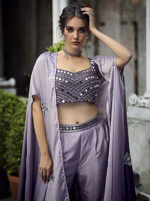 Exotic India Purple Chinon Embroidered Co-Ords Palazzo Set With Floral Motif Designer Koti