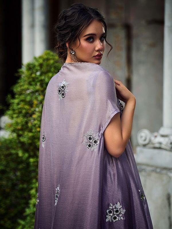 Exotic India Purple Chinon Embroidered Co-Ords Palazzo Set With Floral Motif Designer Koti