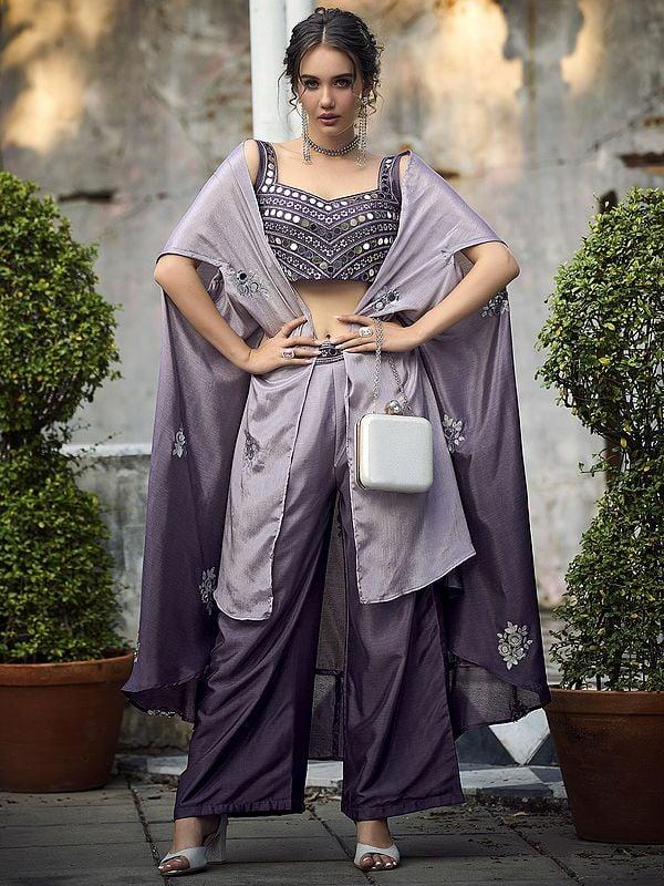 exotic india Purple Chinon Embroidered Co-Ords Palazzo Set with Floral Motif Designer Koti 