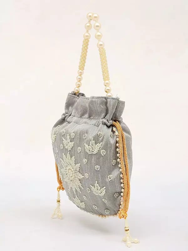 Exotic India Quiet-Gray Silk Potli Bag With Beads Embroidery 