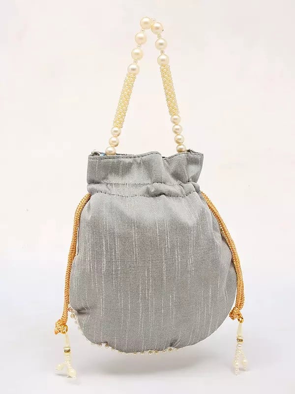 Exotic India Quiet-Gray Silk Potli Bag With Beads Embroidery 