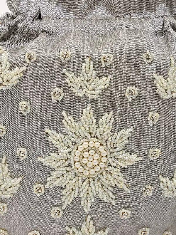 Exotic India Quiet-Gray Silk Potli Bag With Beads Embroidery 