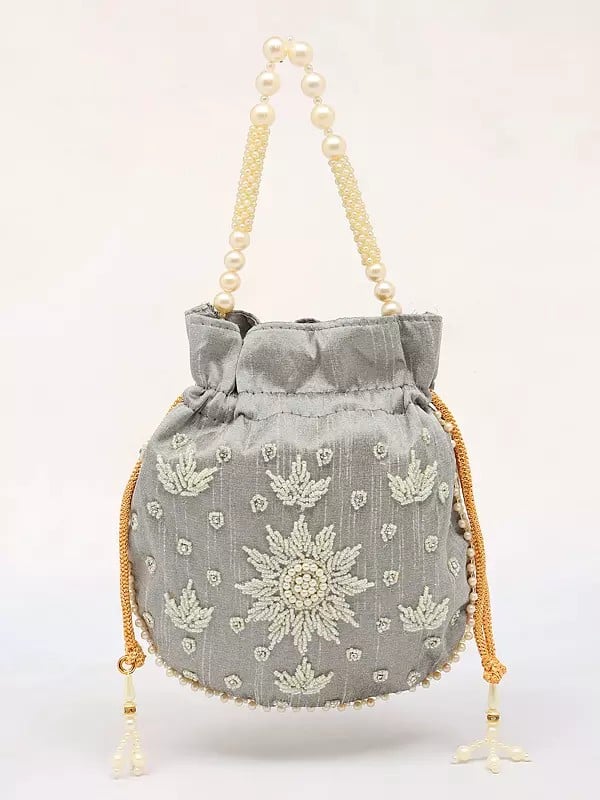 exotic india Quiet-Gray Silk Potli Bag with Beads Embroidery 