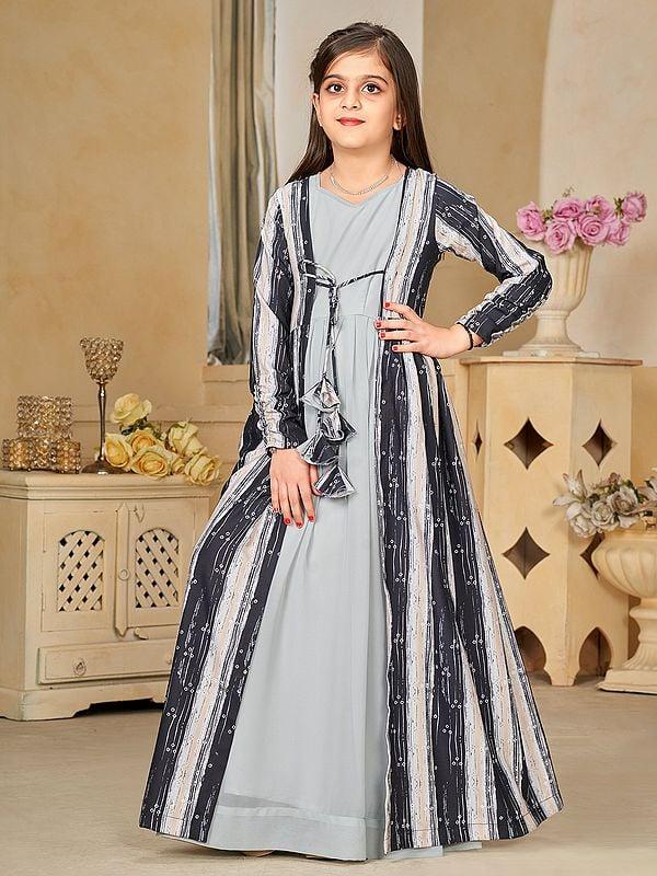 Exotic India Quill-Grey Faux Georgette Digital Print Full Round Flair 2 Piece Shrug Set Indo-Western Suit For Kids 