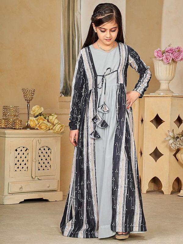 Exotic India Quill-Grey Faux Georgette Digital Print Full Round Flair 2 Piece Shrug Set Indo-Western Suit For Kids 