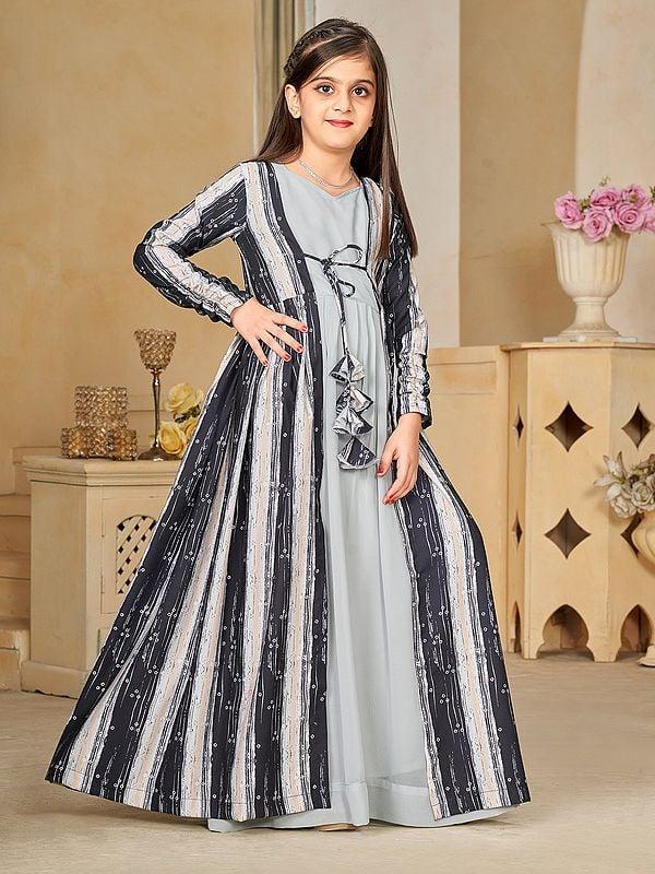 Exotic India Quill-Grey Faux Georgette Digital Print Full Round Flair 2 Piece Shrug Set Indo-Western Suit For Kids 