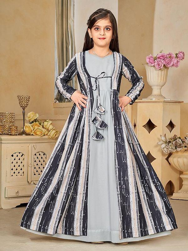 exotic india Quill-Grey Faux Georgette Digital Print Full Round Flair 2 Piece Shrug Set Indo-Western Suit For Kids 