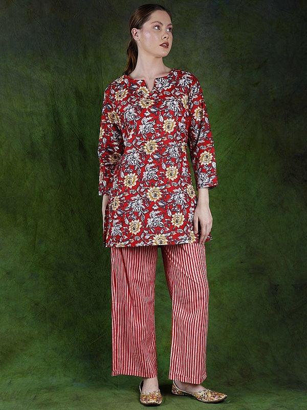Exotic India Racing-Red Floral Printed Co-Ord Set For Evening Wear 