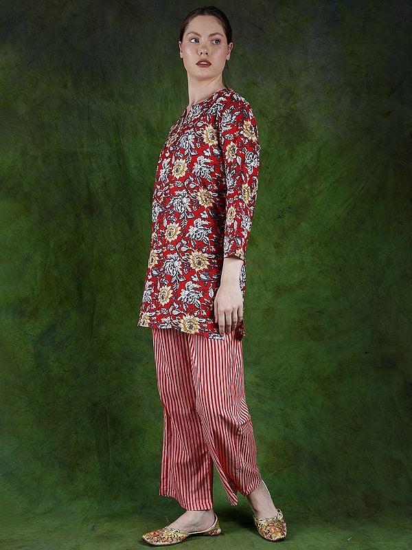 Exotic India Racing-Red Floral Printed Co-Ord Set For Evening Wear 
