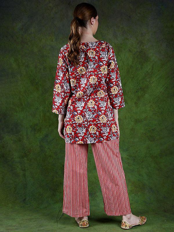 Exotic India Racing-Red Floral Printed Co-Ord Set For Evening Wear 